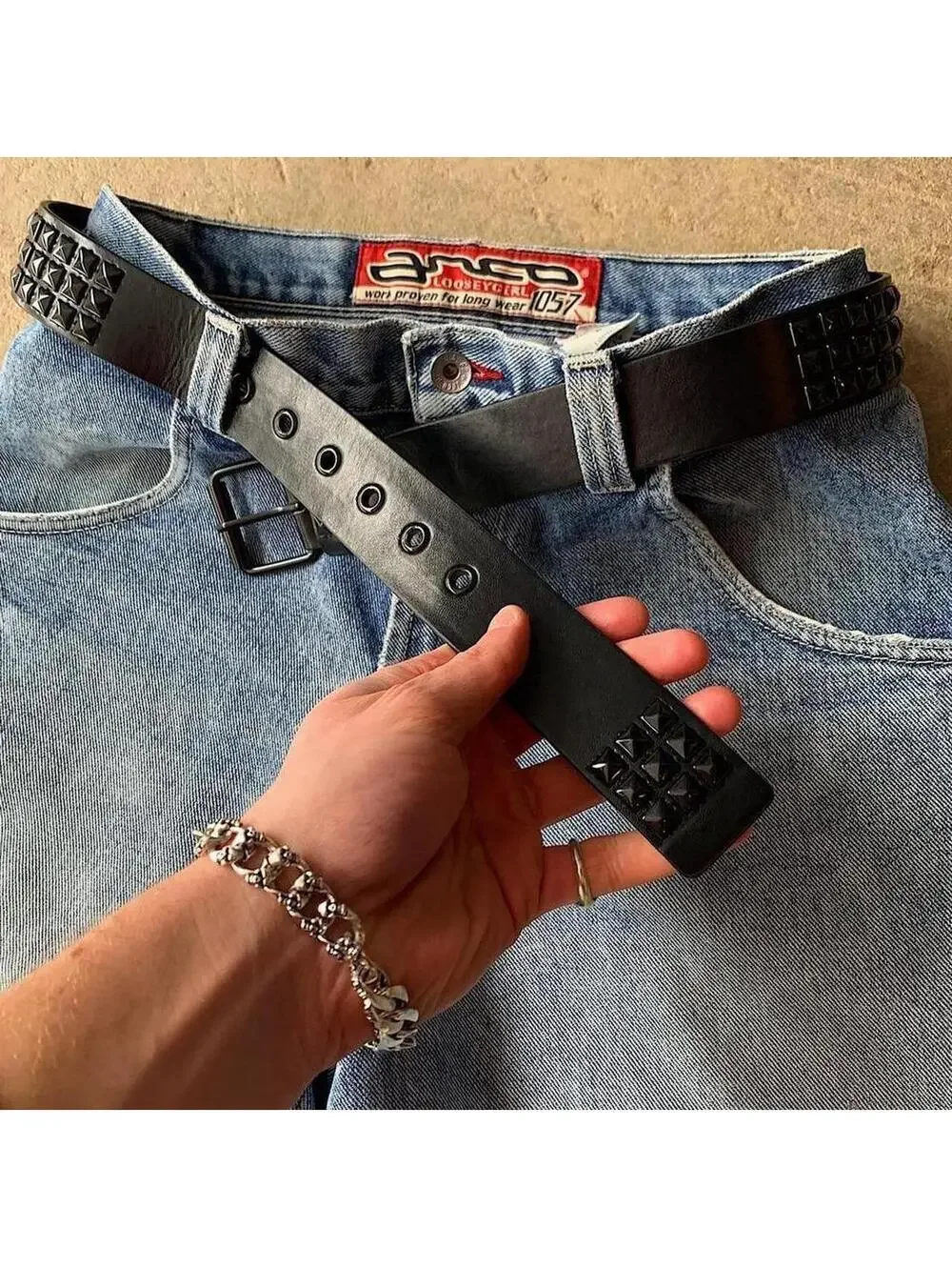 Vintage y2k 2000s Punk Style Diamond Studded black essential belt. Goth emo